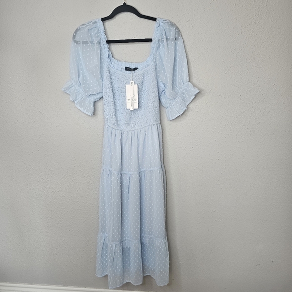 Merokeety Dress Sz‎ L Puff Sleeve Soft Girl Flowy Midi Feminine Pastel Blue NEW - Picture 1 of 15